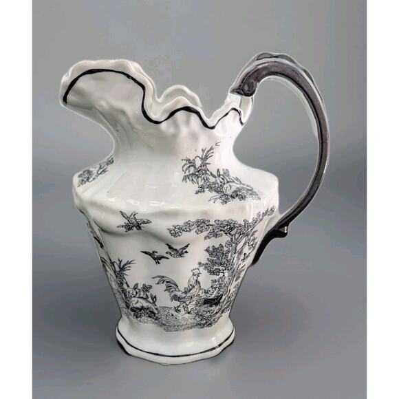Black & White Toile Du joie Pitcher Rooster Rabbit Bird China French Country Lrg - Picture 1 of 6